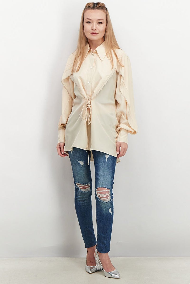 STELLA MCCARTNEY Women Spread Collar Long Sleeve Solid Top, Tan - Image 2